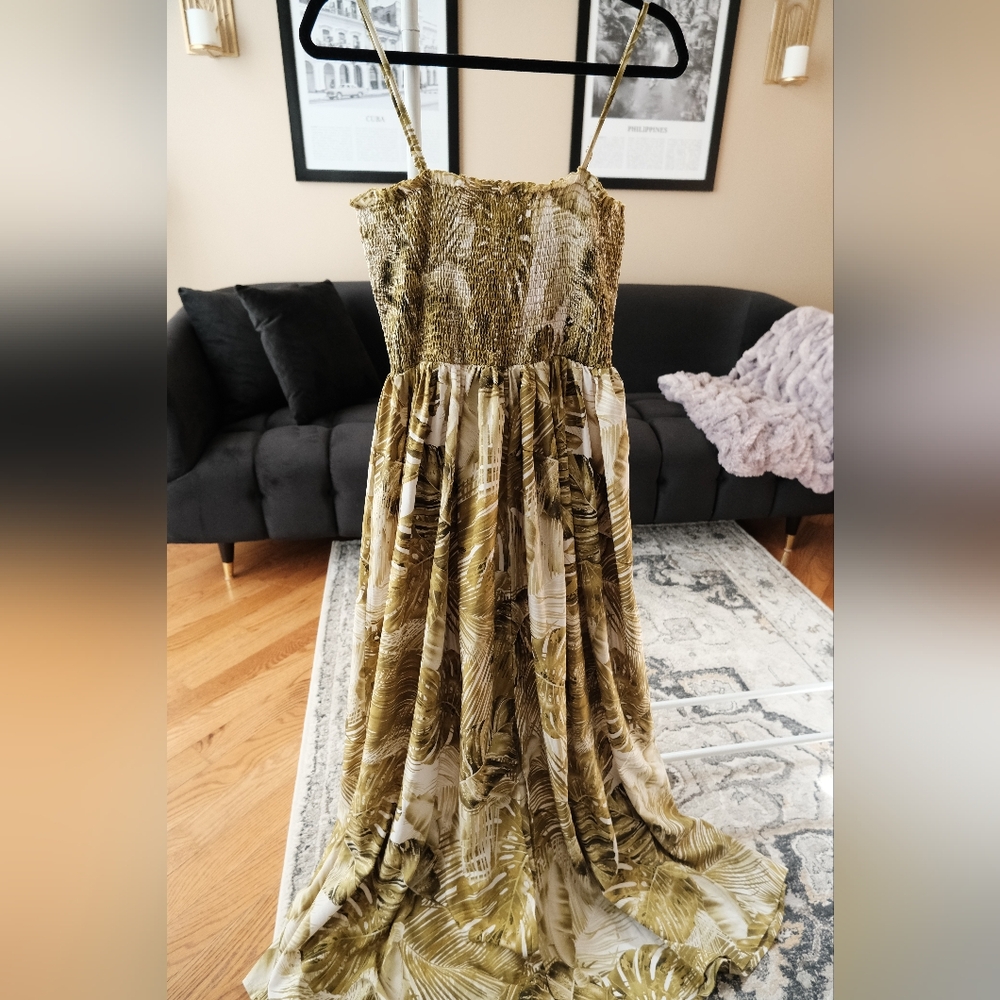 Olive and Cream Palm Tree Maxi Dress
